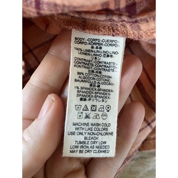 Free People 100% Linen No Limits Peach Plaid Button Down Shirt oversized Small - Picture 9 of 12